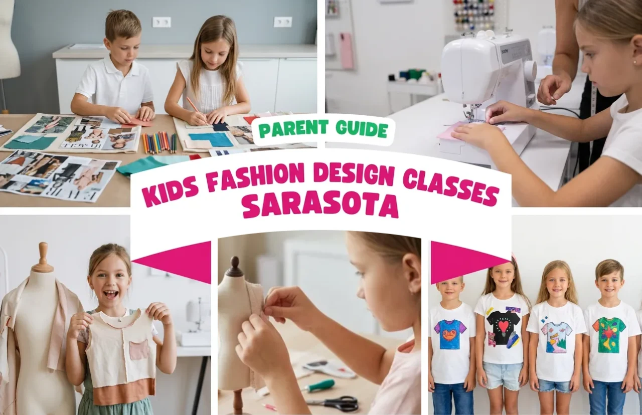 Kids learning fashion design and sewing in a small Sarasota studio class